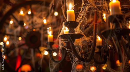 A spooky Halloween party with wagon wheel chandeliers adorned with cobwebs and candles adding to the haunted vibe. .