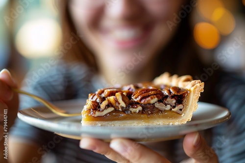 Macro shot of a woman indulging in a slice of rich, decadent pecan pie