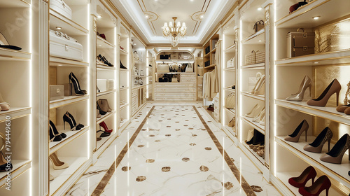  Closet branco e dourado com lindos sapatos realistas