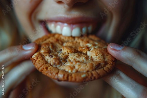 Detailed close-up of a woman munching on a chewy, sweet cookie