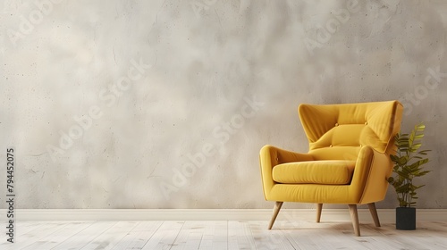 Interior has a yellow armchair on empty cream color wall background