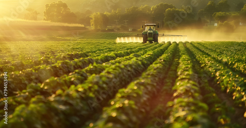 Tractor sprays pesticide on lush green crops at sunrise, ensuring agricultural productivity. Farming equipment in action under golden sunlight in countryside. Agricultural spraying in morning light