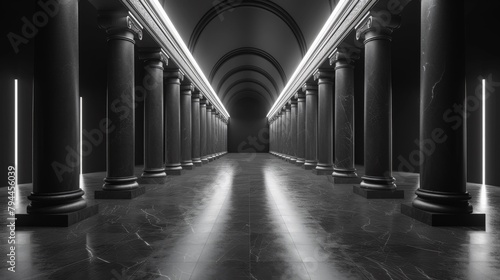 A long hallway with pillars and lights in the middle, AI