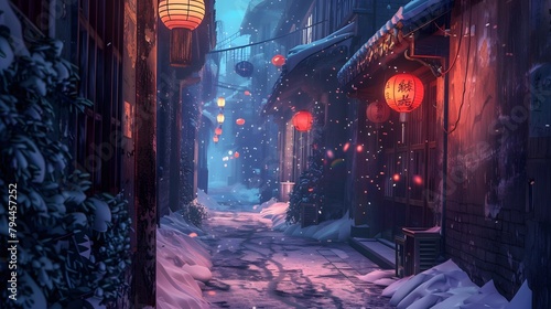 A narrow alleyway illuminated by the soft glow of lanterns, with footsteps visible in the freshly fallen snow. 