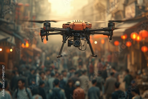 Drone hovers over city crowd with machine gun, soldier ready to shoot