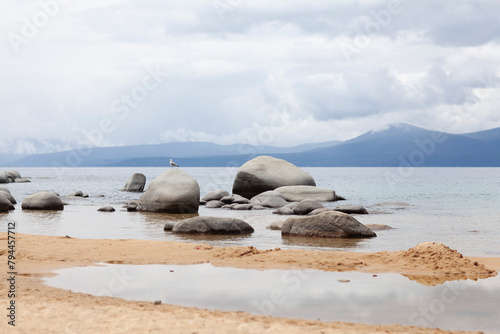 Lake Tahoe summer landscape, rocks on lake shore