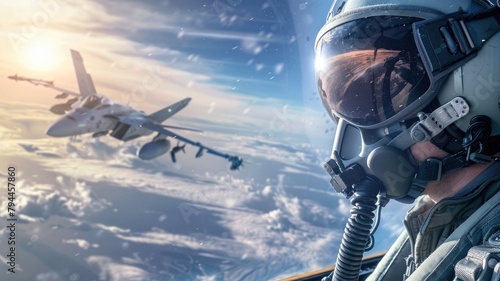 Pilot in cockpit with fighter jet flying among clouds