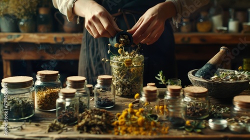 Person Preparing Herbal Remedies in a Rustic Kitchen Setting