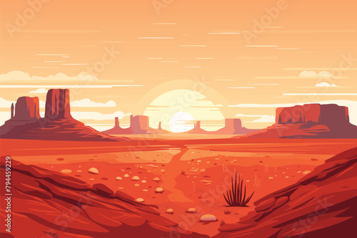 Desert landscape abstract art background. Sunrise sunset in Texas western mountains and cactuses. Vector illustration of Wild West desert with red sky and sun