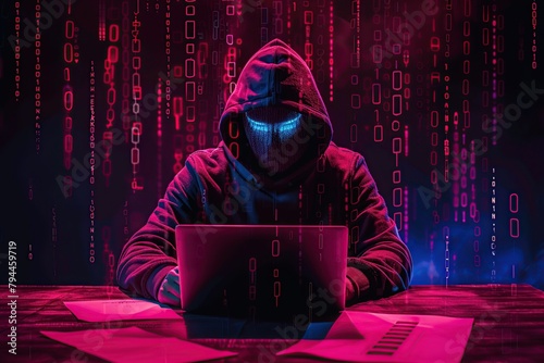 A hacker in a hood works with his laptop while sitting at a table