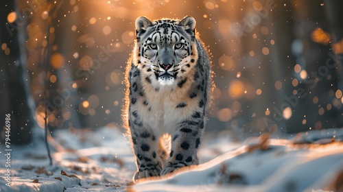 A snow leopard in the snow walking in the front of the camera 8k wallpaper 