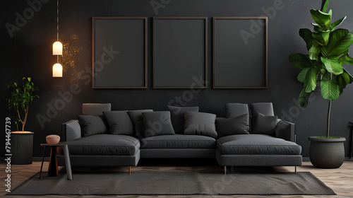 Living room with 3 three accent canvas square painting picture. Frames for art on a black wall. Gallery in dark colors with a gray sofa or couch. Rich exhibition mockup layout triptych