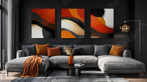 Living room with 3 three accent canvas square painting picture. Frames for art on a black wall. Gallery in dark colors with a gray sofa or couch. Rich exhibition mockup layout triptych