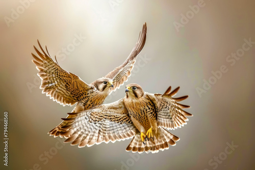 Two falcons engage in a graceful aerial dance.