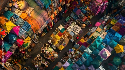 A top-down view of a bustling marketplace, with vendors' stalls arranged in a colorful mosaic of shapes and patterns. 