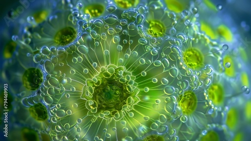 An image of a volvox a spherical green algae made up of thousands of cells connected by delicate strands creating a mesmerizing and