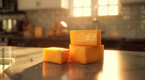 Blocks of cheddar cheese on a kitchen counter