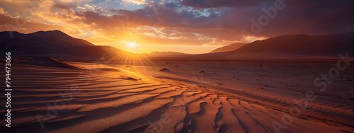 Gorgeous desert sunset. A delightful sand desert illuminated by evening light. Traveling concept. 