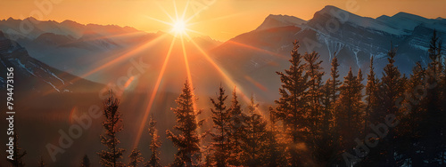 Amazing sunset view in national park with pine trees and mountains. Bright sun rays illuminate the panorama of the national park. Traveling concept.