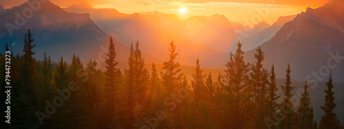 View from a high point of pine trees against the backdrop of sunset. Bright sun rays illuminate the panorama of the national park. Traveling concept.