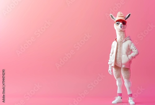 Fondo rosado con llama humanizada vestida moderna, erguida de pie. Generado con tecnología IA