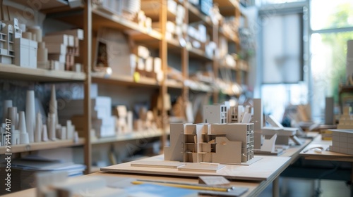 Softly blurred background of an Architects Office showcasing shelves filled with various building materials and scale models hinting at the grand designs being created within. .