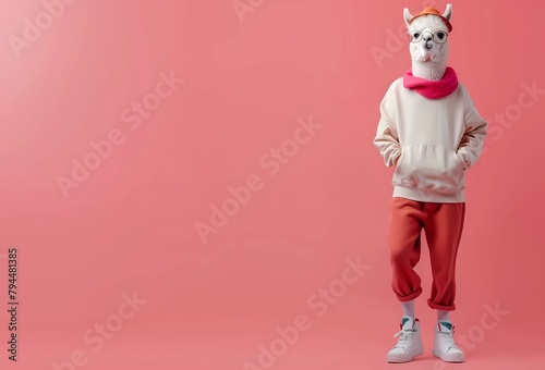Fondo rosado con alpaca humanizada vestida moderna, erguida de pie. Generado con tecnología IA