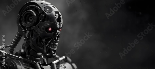 Fondo oscuro con Robot maligno en primer plano. Generado con tecnología IA