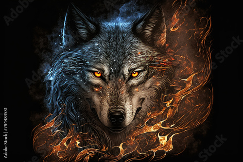 wolf in the night with fiery elements