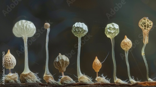 A series of images showcasing the different stages of spore formation from initial growth to dehiscence and release into the environment.