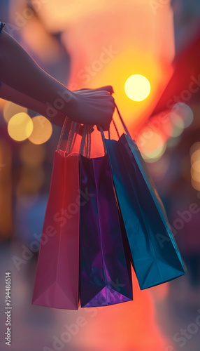 Young brunette woman with tanned slim legs in red patent leather shoes and a lot of brown paper bags her hands. Shopaholic woman in the city. The concept of shopping, sales and purchases of things.