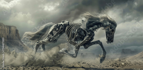 A skeletal horse gallops through the desolate landscape its hooves kicking up clouds of dust as it carries its ghostly rider to an unknown destination. .