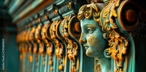 Close-up antique bronze classical female figures ornate decorative panel verdigris patina.