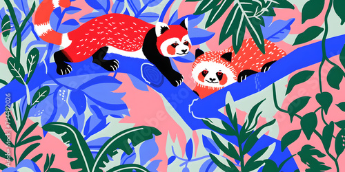 Illustração brincalhona de um panda e um panda vermelho brincando juntos