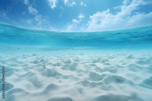 Serene underwater seascape showcasing sandy bottom and clear blue sky
