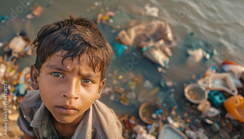 "Childhood Amidst Waste: A Harsh Reality" - A young boy's gaze captures the hardship of growing up surrounded by pollution and debris. His poignant expression reflects the struggle for a better future