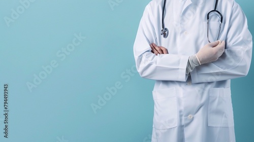 Highly Detailed Image of Medical Examination, Doctor Measuring Pulse on a Pale Blue Background