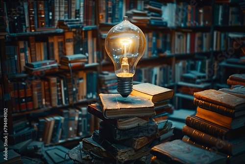 A light bulb rests on books in a library with shelves of publications
