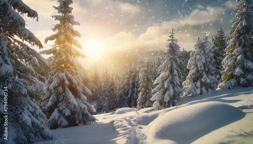 beautiful landscape with snow covered fir trees and snowdrifts
