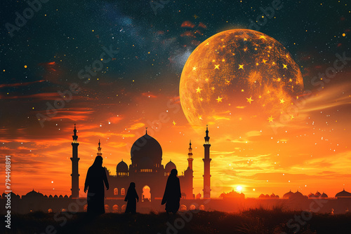 Happy ramadan, happy eid, islamic design, islamic moon, ramadan kareem and islamic greeting abstraction.
