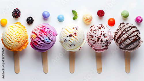 Row of colorful ice cream scoops with decorations, shot from above, isolated on white background