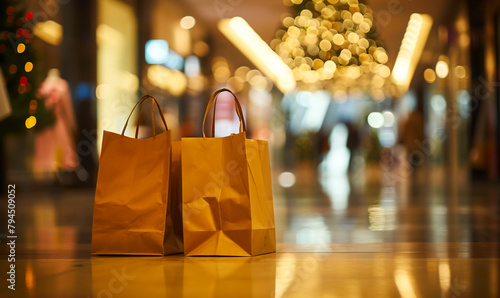 black friday in a shopping centre with two brown paper bags, in the style of bokeh
