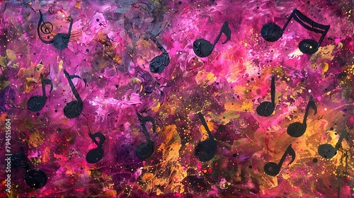 An abstract art painting composed of paint and musical notes 