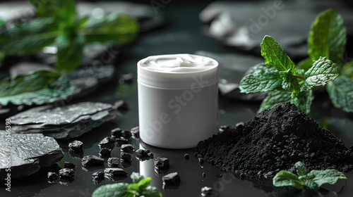 natural skincare cream mockup with charcoal and fresh mint leaves