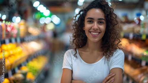 Young latin shopkeeper girl with arms crossed smiling happy at the fruit store.