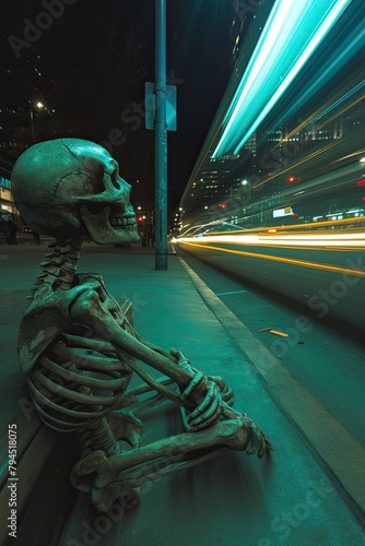 Skeleton on roadside, observing bustling activity. Reminds us of life's transient nature amidst the hustle and bustle. 💀🚶‍♂️ #TransientBeauty