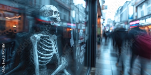 Skeleton in London street, blending into bustling cityscape. A surreal urban encounter. 💀🏙️