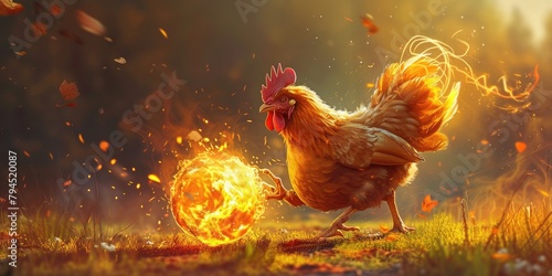 Rooster fighting with fire in the autumn forest. 3d rendering