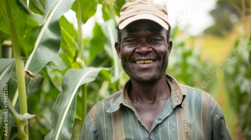 A farmer smiles as he examines the robust healthy crops growing in his fields thanks to the implementation of ecofriendly biofuel practices. .