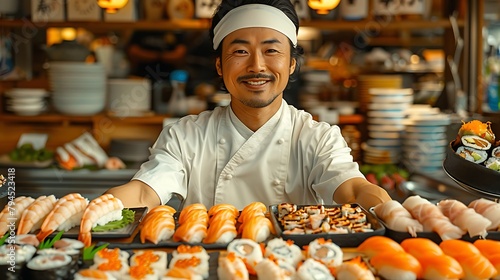 Smiling sushi chef presents a selection of fresh sushi and sashimi at a sushi bar. 